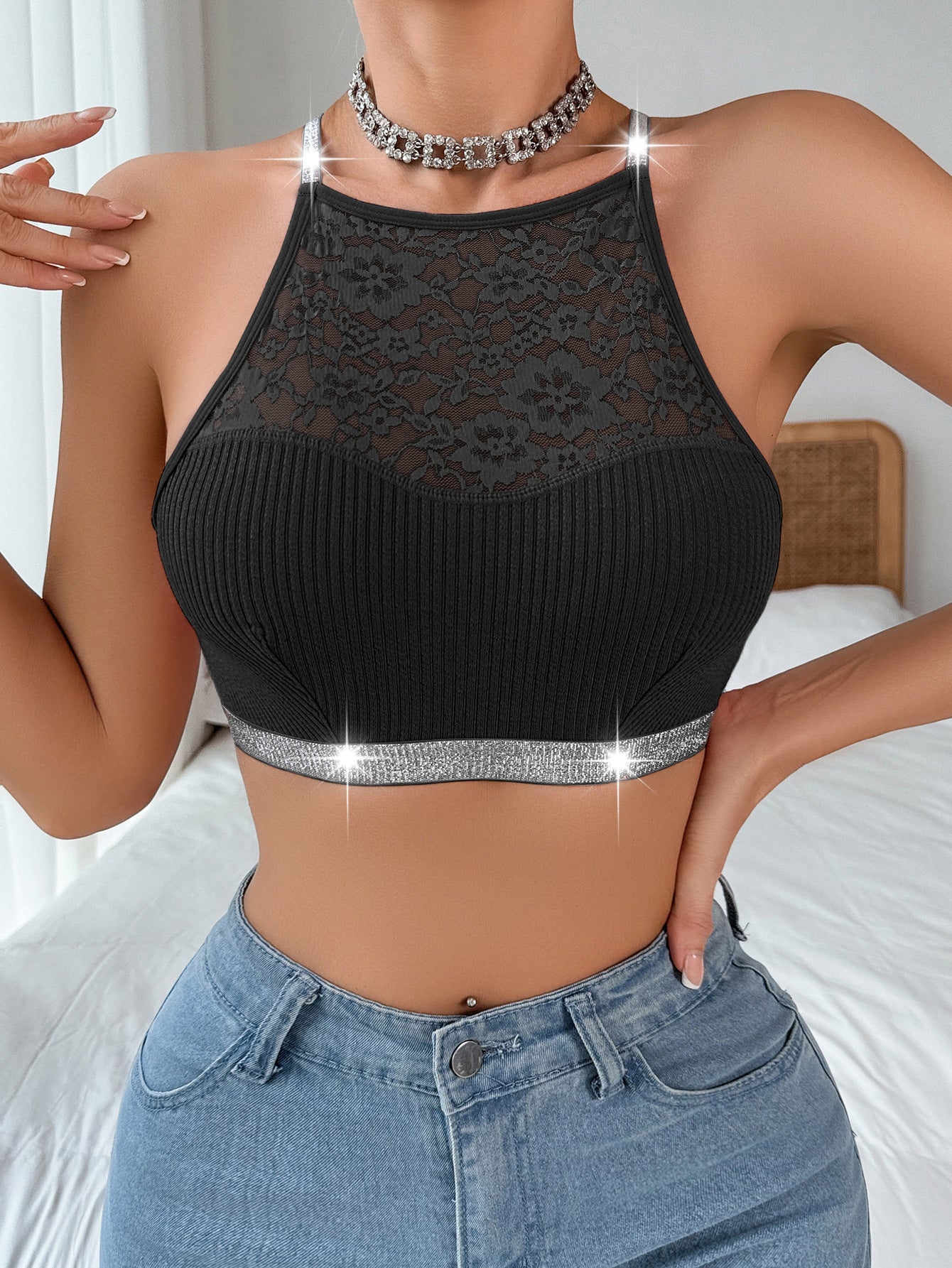 Stitching Halter Silver Ribbon Vest