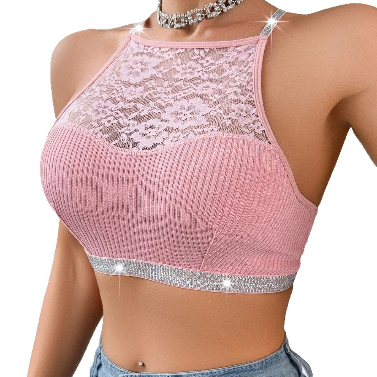 Stitching Halter Silver Ribbon Vest