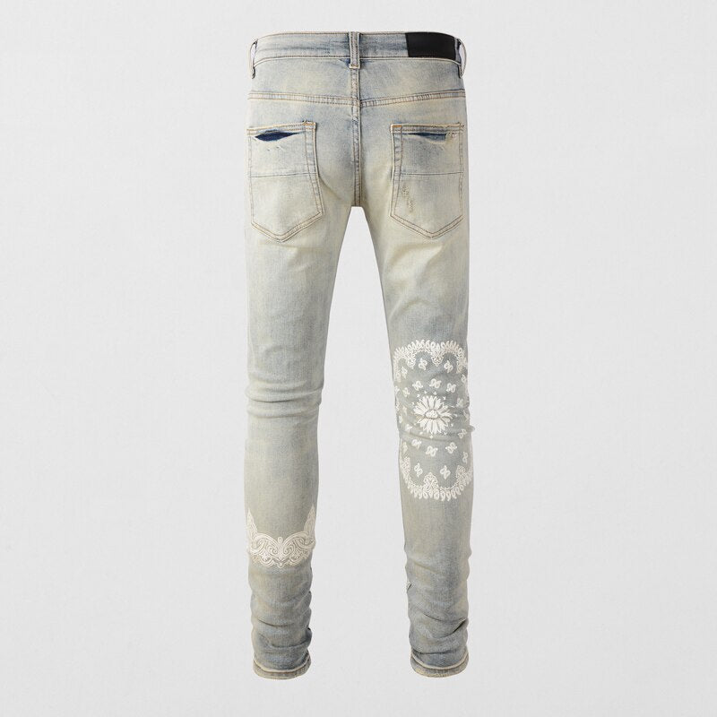 High Street Retro Light Gray Blue Stretch Hole Ripped Jeans