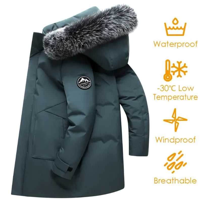 Men's Long Windproof Down Jacket with Hood and Fur Trim