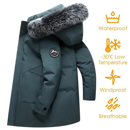 Men's Long Windproof Down Jacket with Hood and Fur Trim