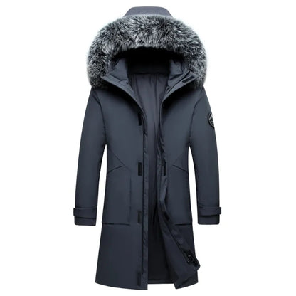 Men's Long Windproof Down Jacket with Hood and Fur Trim