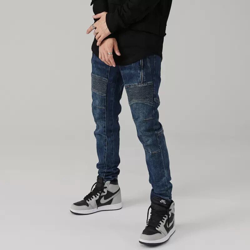 High Street Fashion Men Retro Blue Elastic Slim Fit Spliced Biker Jeans