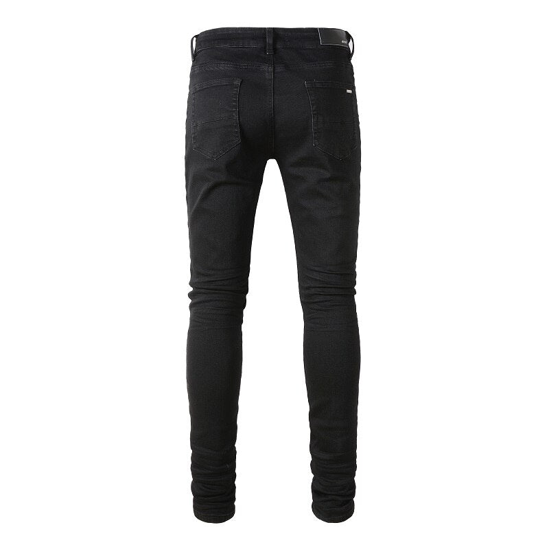 Black Distressed Regular Slim Fit Damaged Holes Super Skinny Stretch Ripped Jeans