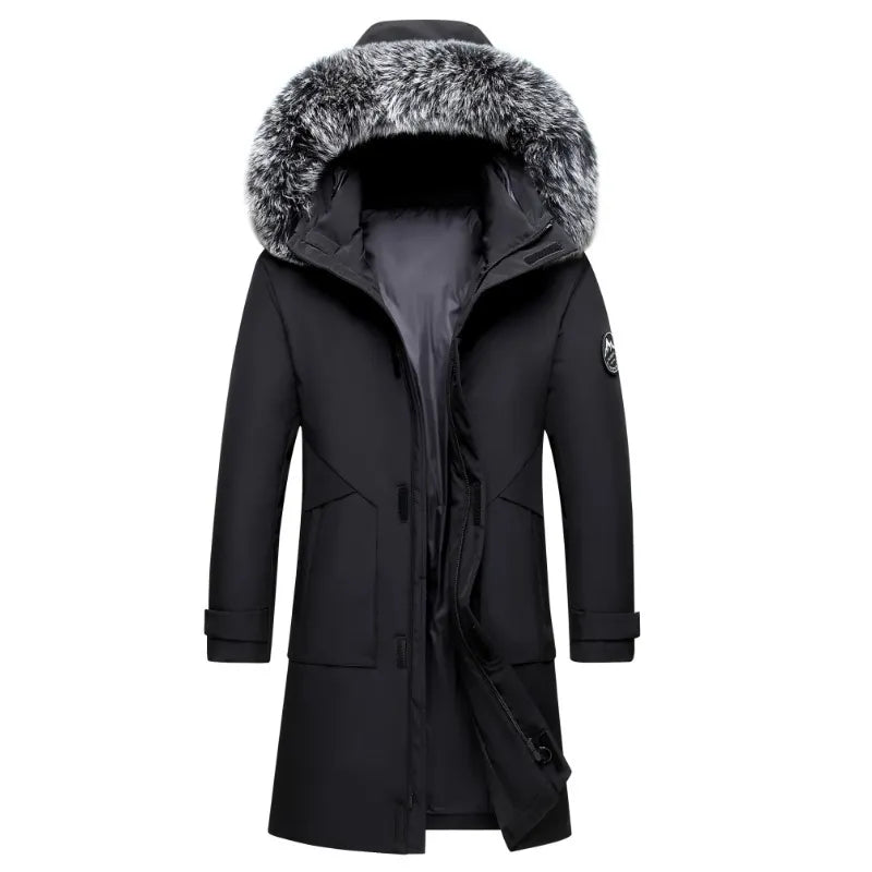 Men's Long Windproof Down Jacket with Hood and Fur Trim