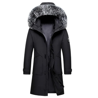 Men's Long Windproof Down Jacket with Hood and Fur Trim