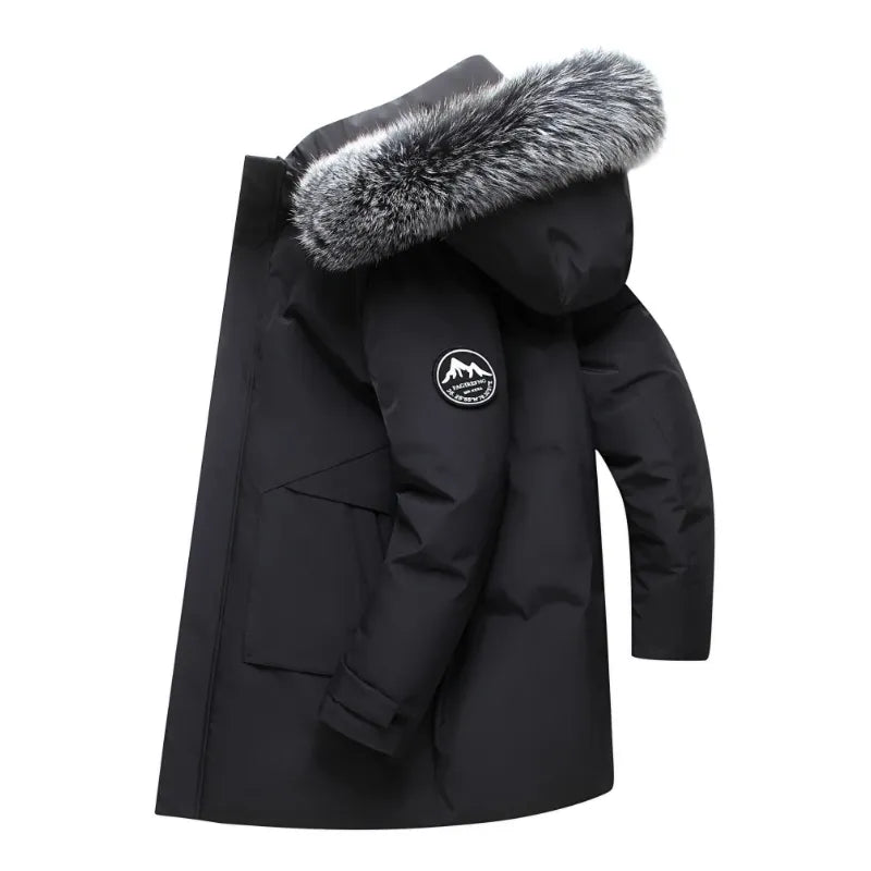 Men's Long Windproof Down Jacket with Hood and Fur Trim