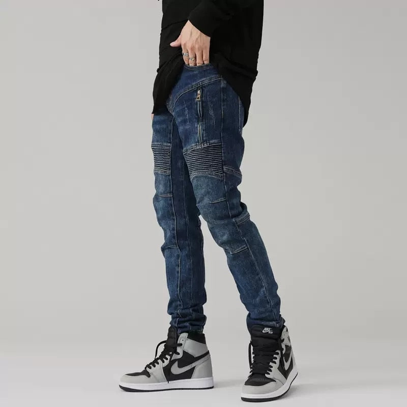 High Street Fashion Men Retro Blue Elastic Slim Fit Spliced Biker Jeans