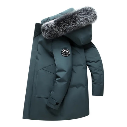 Men's Long Windproof Down Jacket with Hood and Fur Trim