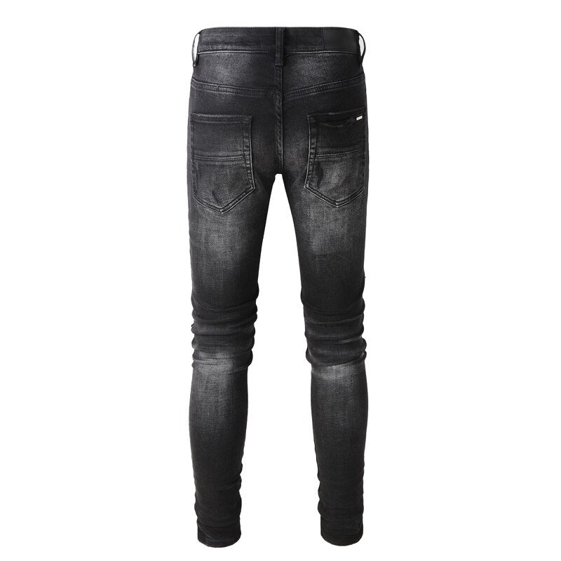 High Street Retro Black Gray Elastic Slim Fit Destroyed Ripped Jeans