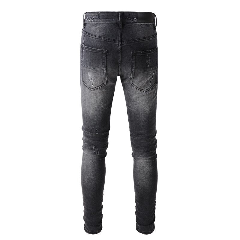 Fashion Streetwear Retro Black Gray Elastic Slim Fit Destroyed Ripped Jeans