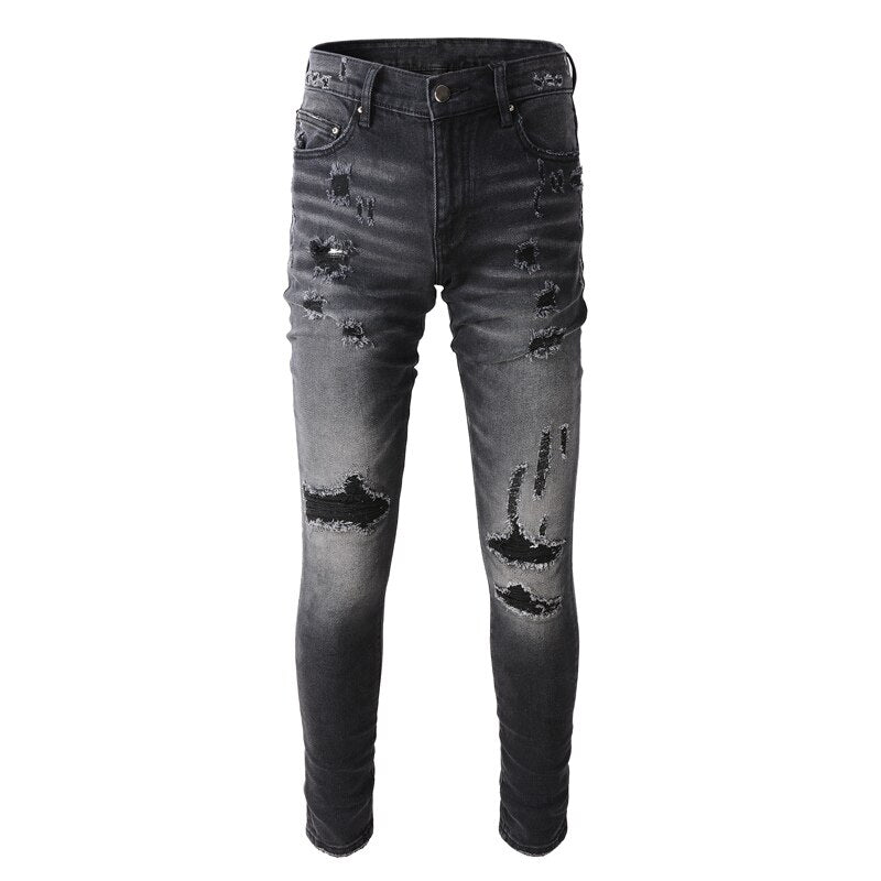 Fashion Streetwear Retro Black Gray Elastic Slim Fit Destroyed Ripped Jeans