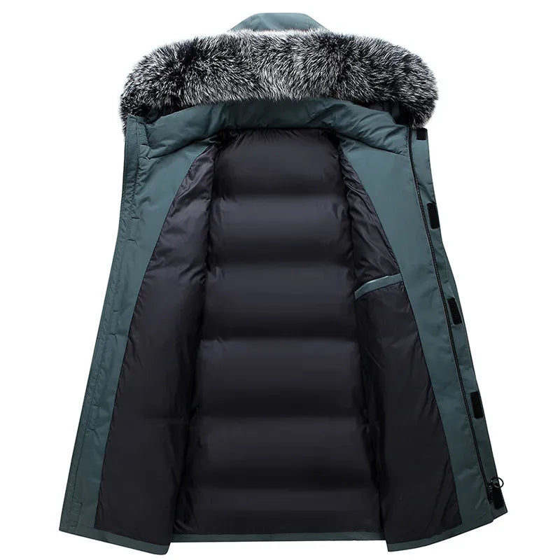 Men's Long Windproof Down Jacket with Hood and Fur Trim