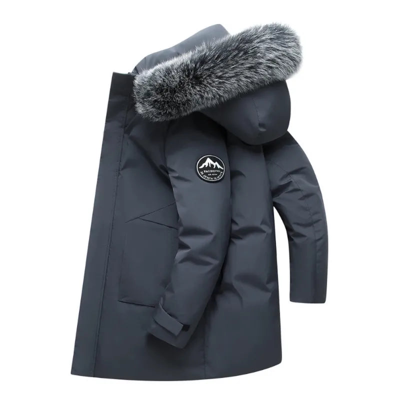 Men's Long Windproof Down Jacket with Hood and Fur Trim