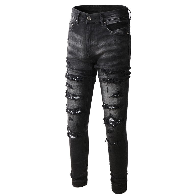 High Street Retro Black Gray Elastic Slim Fit Destroyed Ripped Jeans