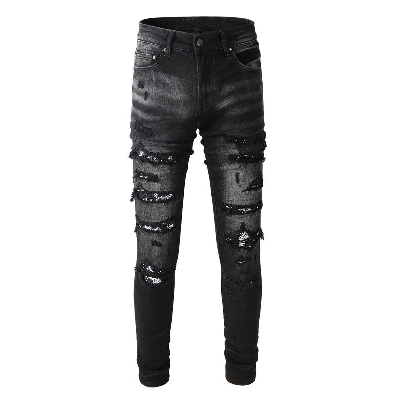 High Street Retro Black Gray Elastic Slim Fit Destroyed Ripped Jeans