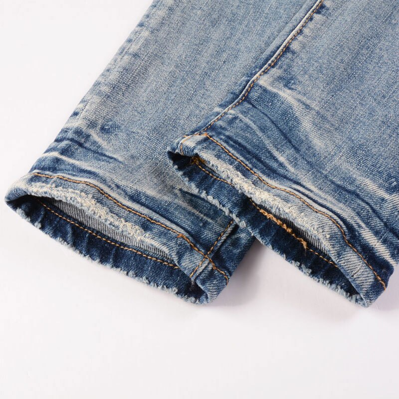 High Street Retro Light Blue Stretch Slim Fit Patched Ripped Jeans