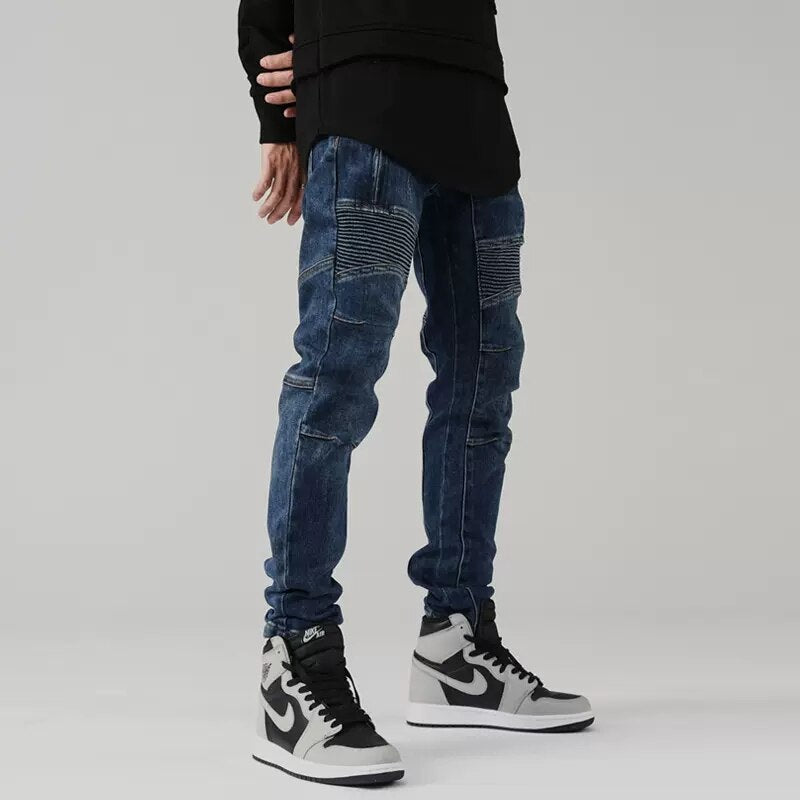 High Street Fashion Men Retro Blue Elastic Slim Fit Spliced Biker Jeans