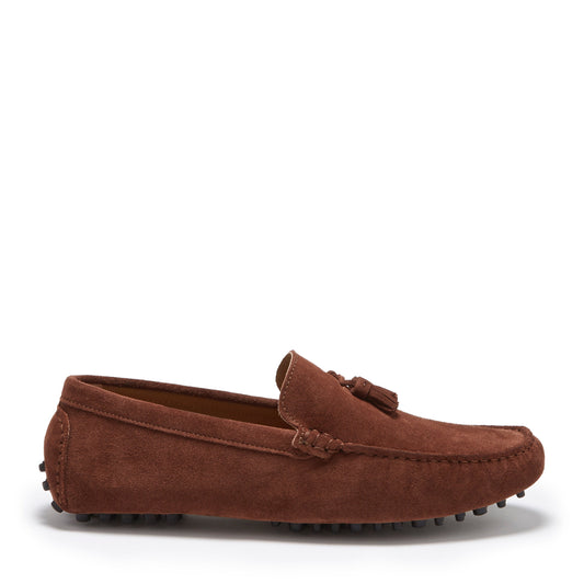 Men’s Tasselled Driving Loafers – Mahogany Brown Suede Slip-On Shoes