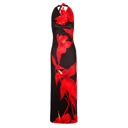 Sexy Printed Halter Neck Lace-Up Fitted Dress