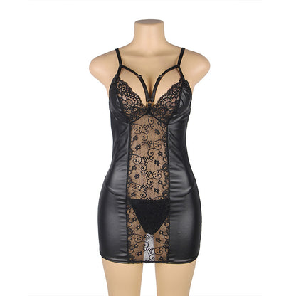 Plus Size Lace & Leather Transparent Slip Nightdress – European & American Tempting Lingerie