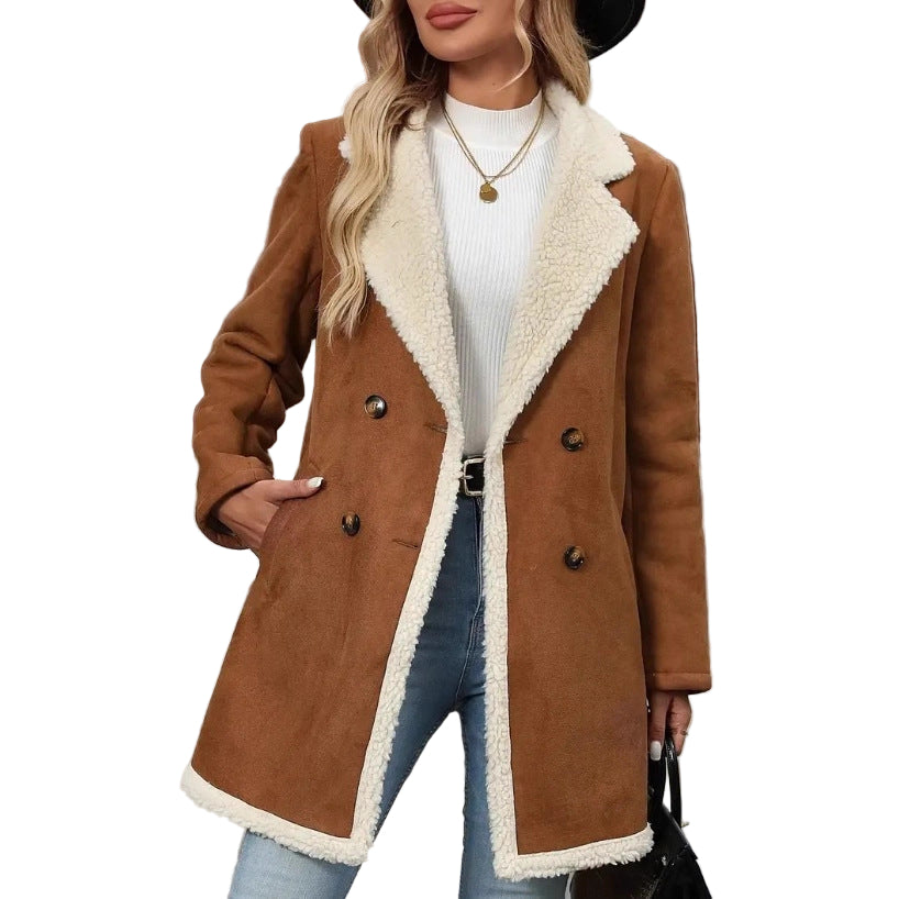 Women’s Mid-Length Fleece-Lined Suede Woolen Jacket – Casual & Warm Outerwear