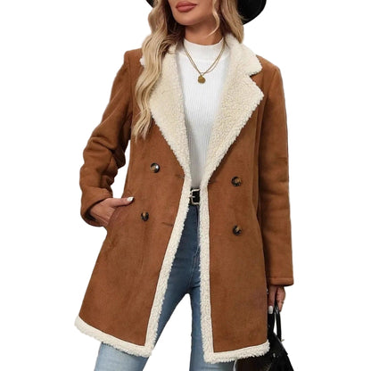 Women’s Mid-Length Fleece-Lined Suede Woolen Jacket – Casual & Warm Outerwear
