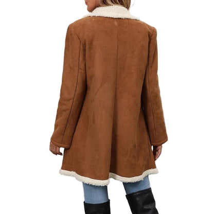 Women’s Mid-Length Fleece-Lined Suede Woolen Jacket – Casual & Warm Outerwear