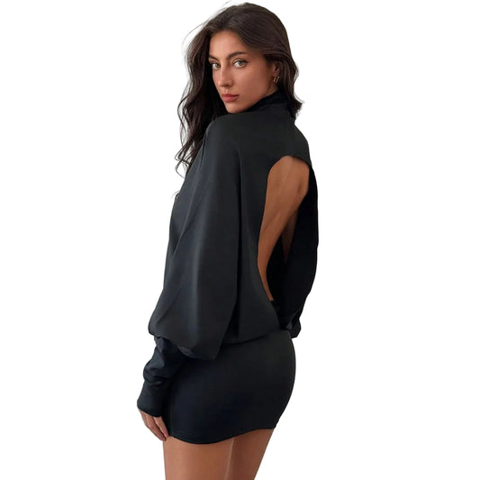 Sexy Solid Color Backless Long Sleeve Loose-Fit Dress