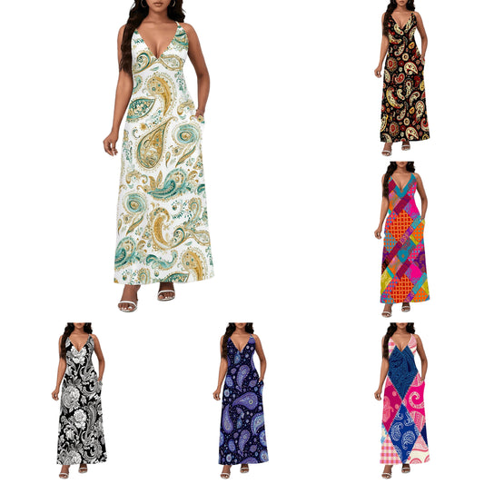 Ethnic Style Paisley Print Backless Slip Dress