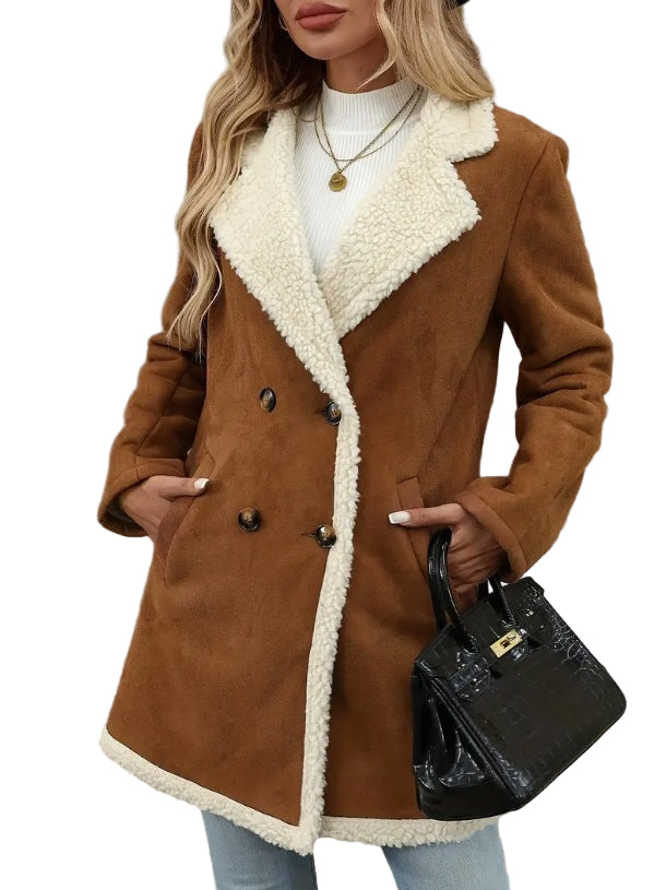 Women’s Mid-Length Fleece-Lined Suede Woolen Jacket – Casual & Warm Outerwear