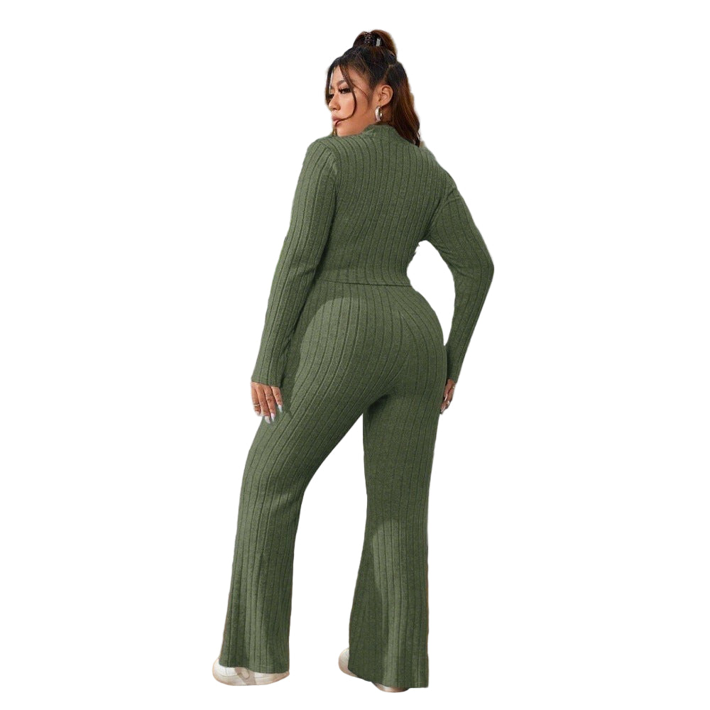 Women’s Autumn & Winter Two-Piece Set – Solid Color Slim Fit Top & Pants Outfit