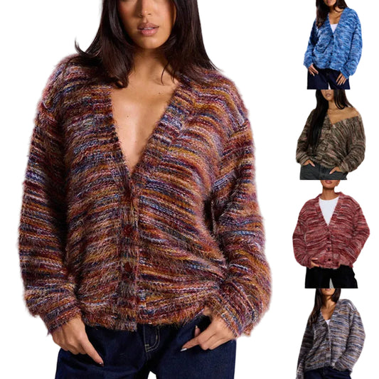 Striped V-Neck Knit Cardigan – Long Sleeve Cropped Sweater