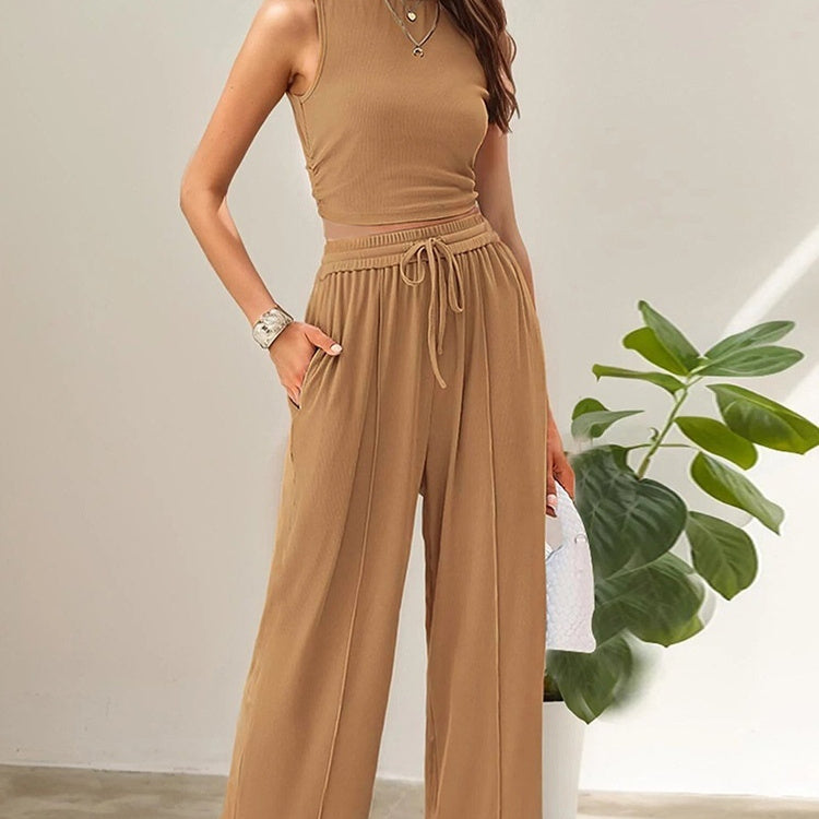 Women’s Two-Piece Set – Elastic Waist Trousers & Loose-Fit Sleeveless Top