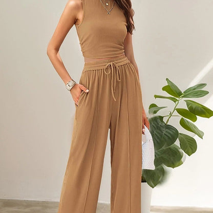 Women’s Two-Piece Set – Elastic Waist Trousers & Loose-Fit Sleeveless Top
