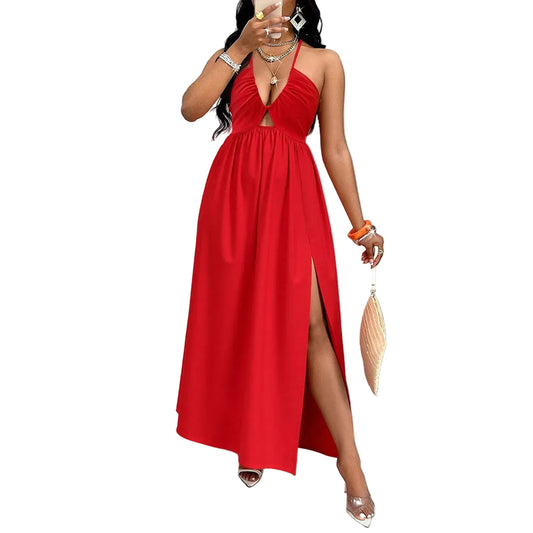 Sexy Halter Neck Drawstring V-Neck Dress for Women