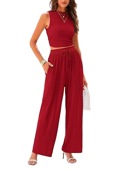 Women’s Two-Piece Set – Elastic Waist Trousers & Loose-Fit Sleeveless Top