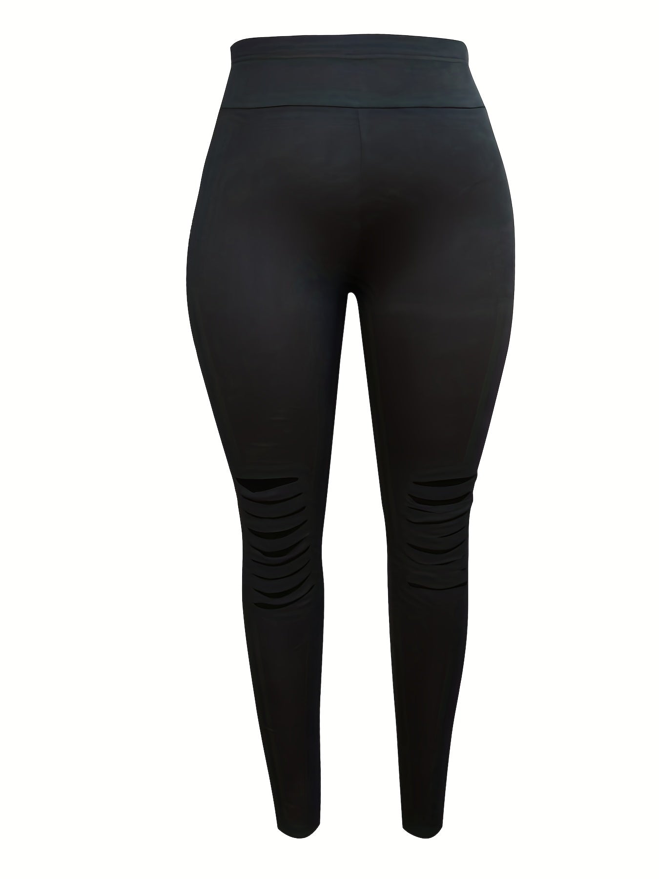 Plus Size Women's Black High-Waist Leggings with Chic Hollow-Out Detail - Stretchy & Comfortable Polyester/Elastane Blend, Easy Care Leggings