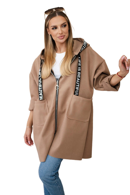 Women’s Plus-Size Hooded Woolen Coat – Long Sleeve Zip-Up Sports Style