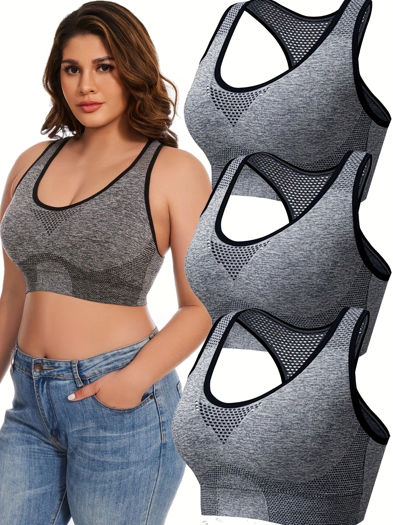 3pcs Plus Size Sports Bras Low Support, Polyamide Blend, Hollow Mesh Design - Casual Wear for Women's Activewear