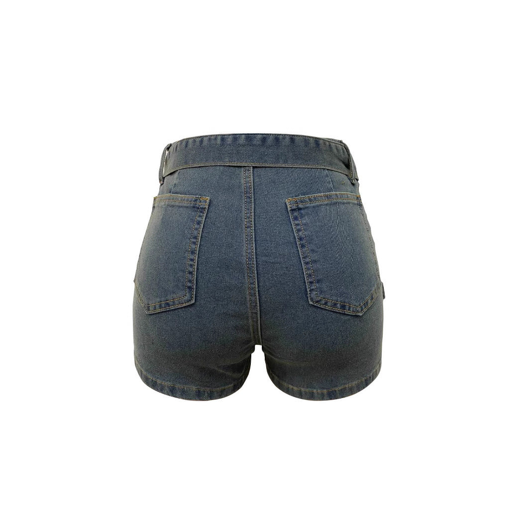 Retro Asymmetrical-Hem Washed Denim Shorts