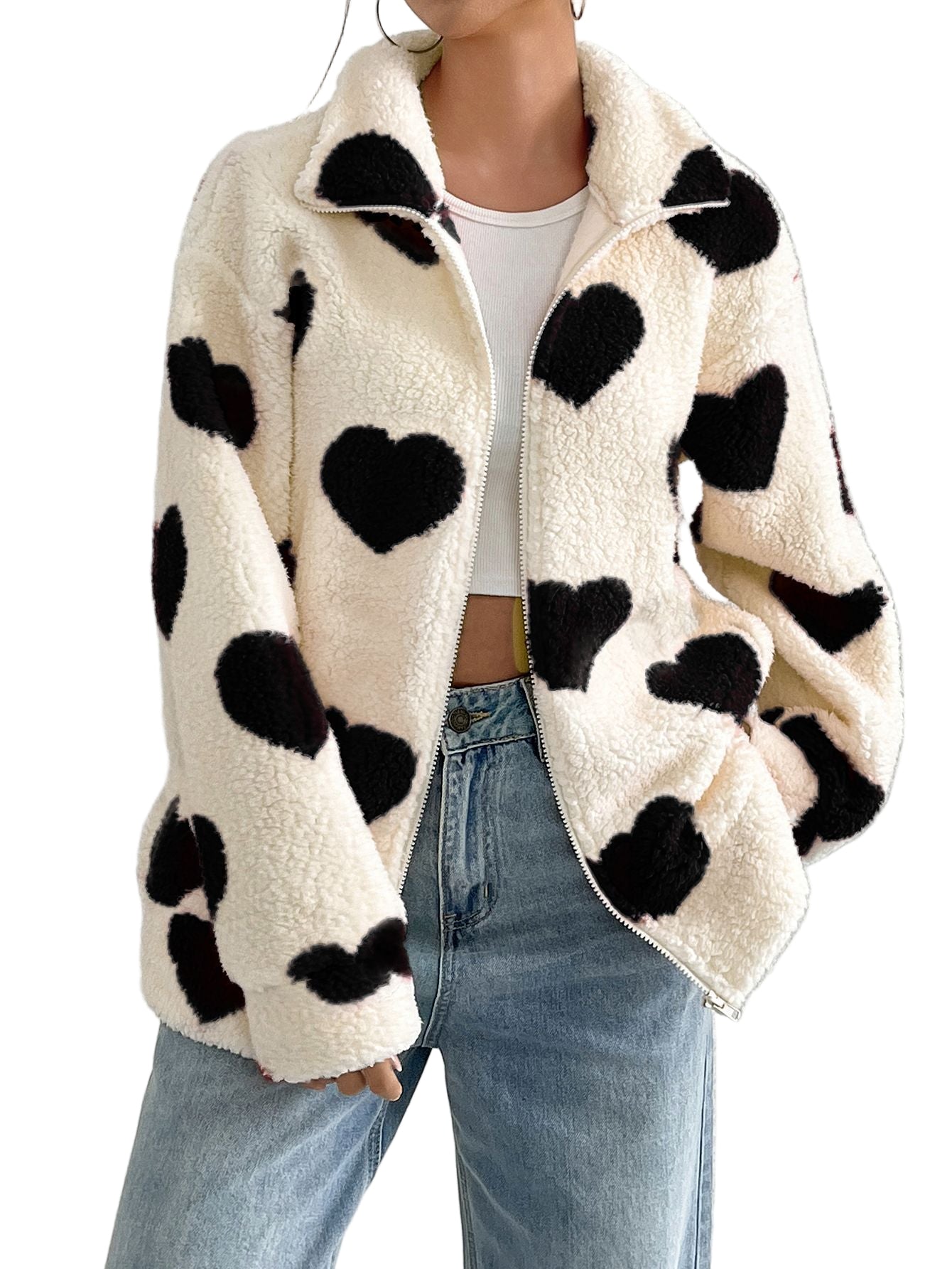 Women’s Plush “Loving Heart” Printed Coat – Cozy & Cute Outerwear