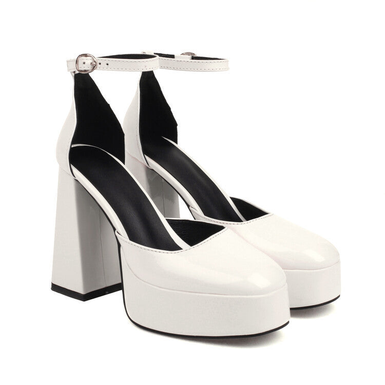 European & American Style Patent Leather Platform High Heels – Round Toe, Waterproof, Thick Block Heel