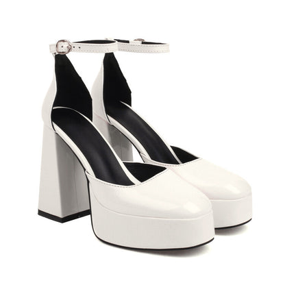 European & American Style Patent Leather Platform High Heels – Round Toe, Waterproof, Thick Block Heel