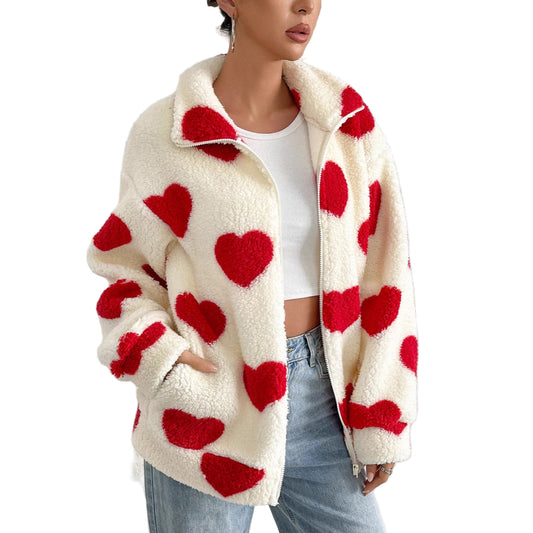Women’s Plush “Loving Heart” Printed Coat – Cozy & Cute Outerwear