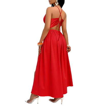 Sexy Halter Neck Drawstring V-Neck Dress for Women