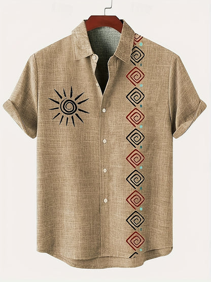 Men's Lightweight Short-Sleeve Linen-Look Shirt with Tribal Geometric Pattern