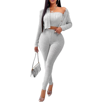 Women’s Fashion Three-Piece Set – Chic Cardigan, Camisole & Pants Outfit