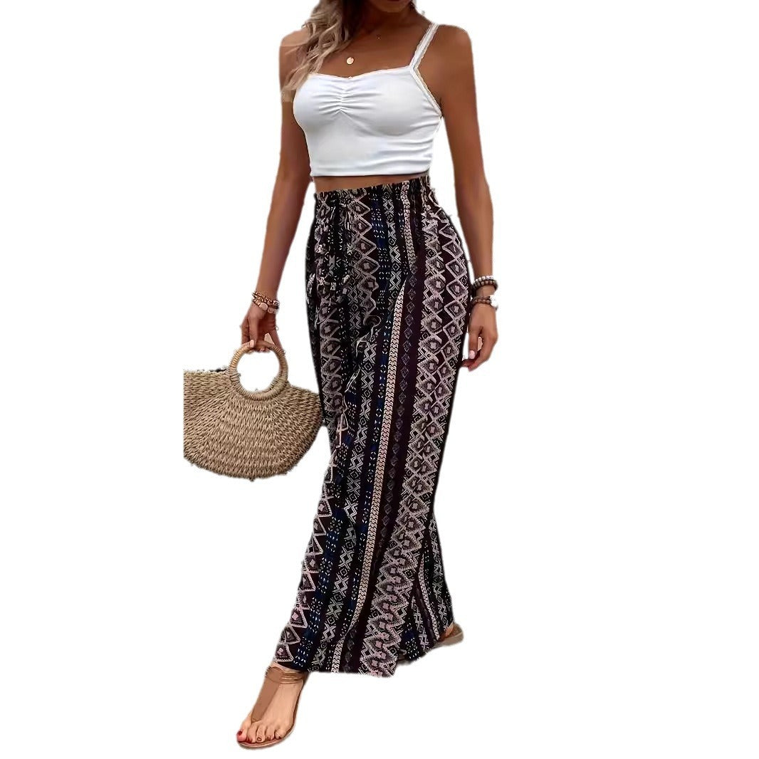 Bohemian Print Loose-fitting Wide-leg Trousers