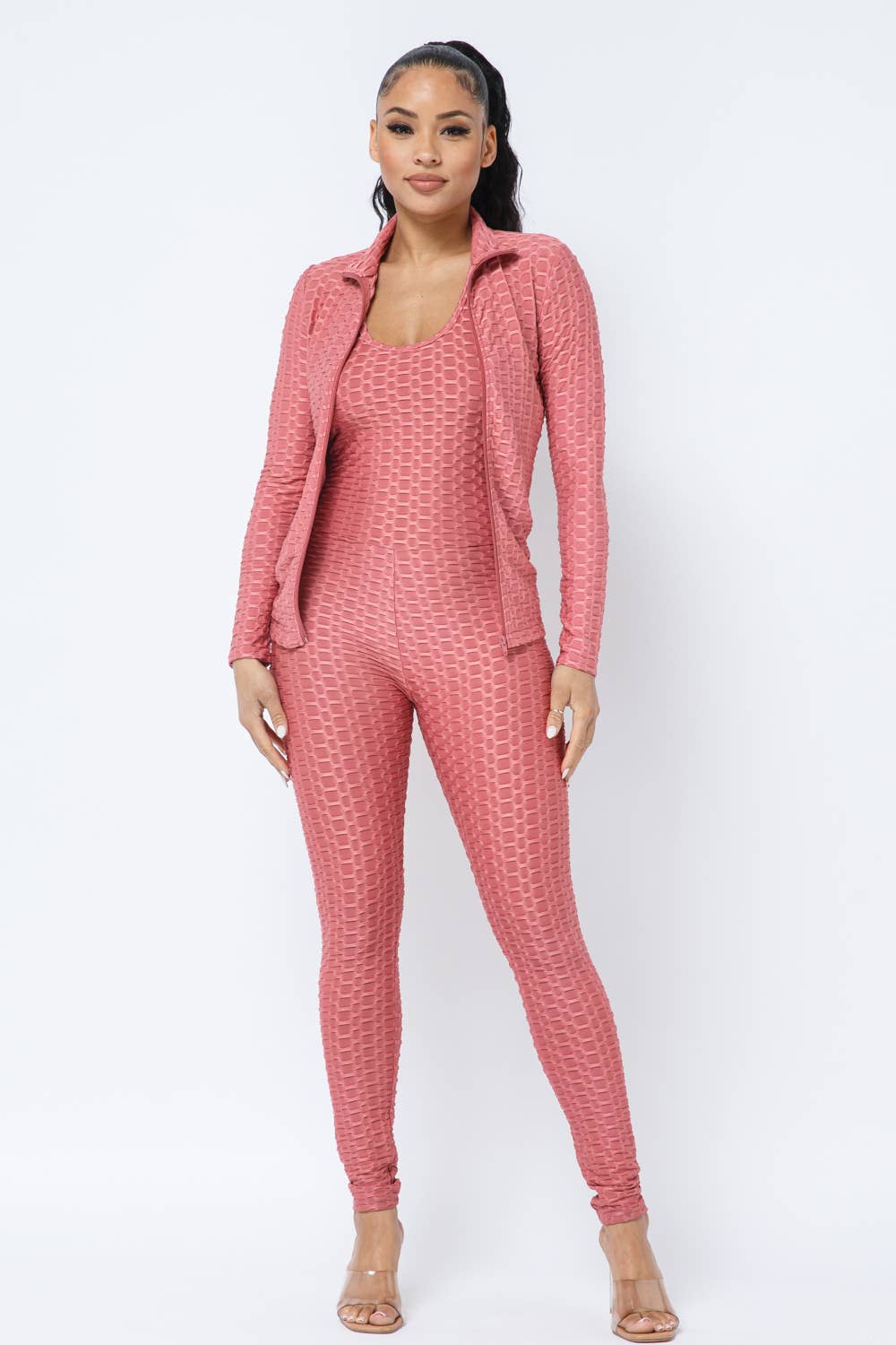 Honeycomb Cross Back Jumpsuit And Zipper Jacket Set